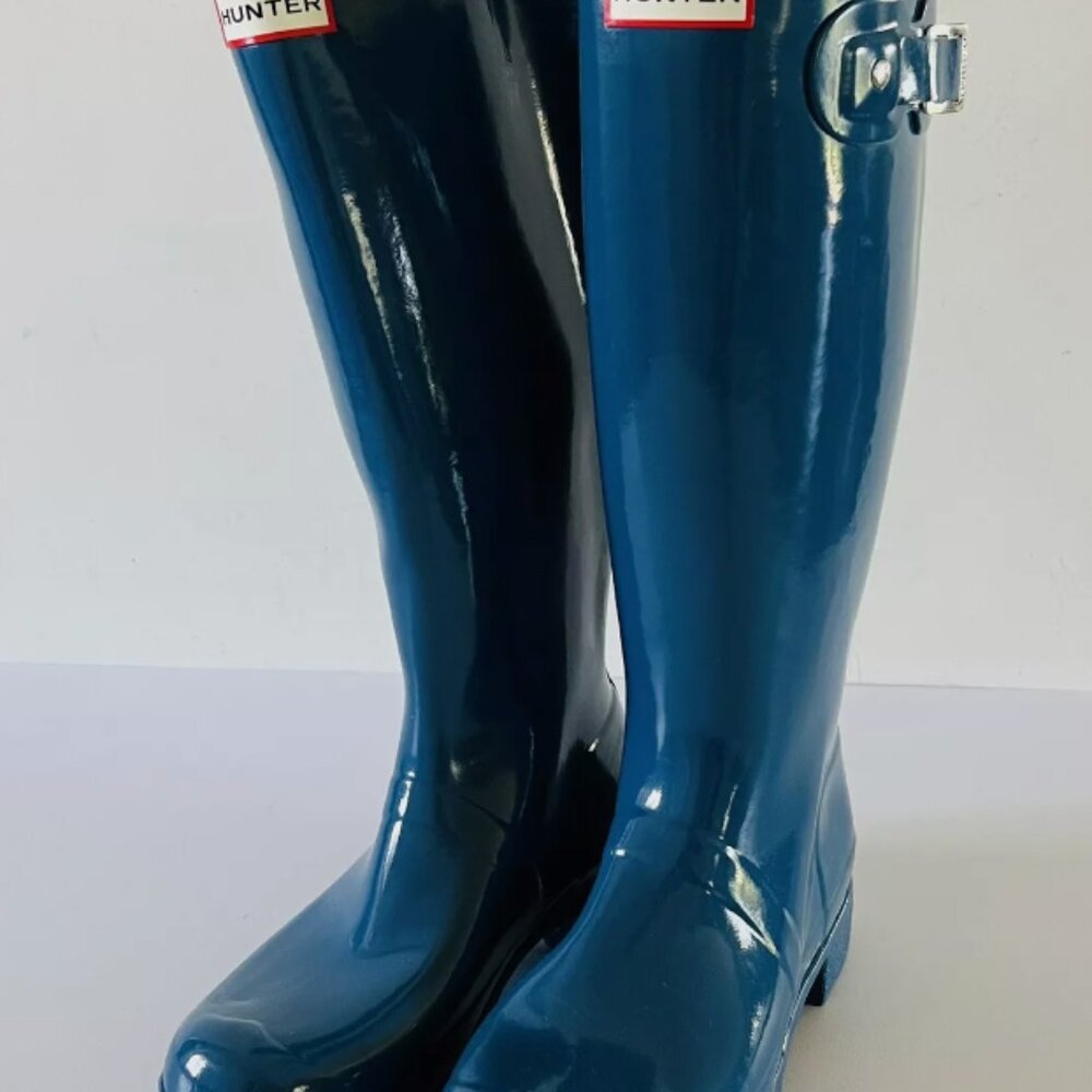 HUNTER Original Tall Petrol Blue Gloss Buckle Strap Rain Boots
